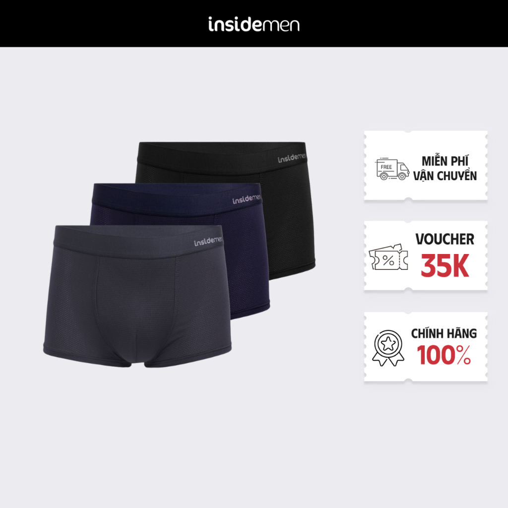 Set 3 Quần Lót Nam Boxer Insidemen ACTIVE Thun Lạnh Vải Mesh Lỗ Tản Nhiệt Mát Mẻ IBX501EDP03