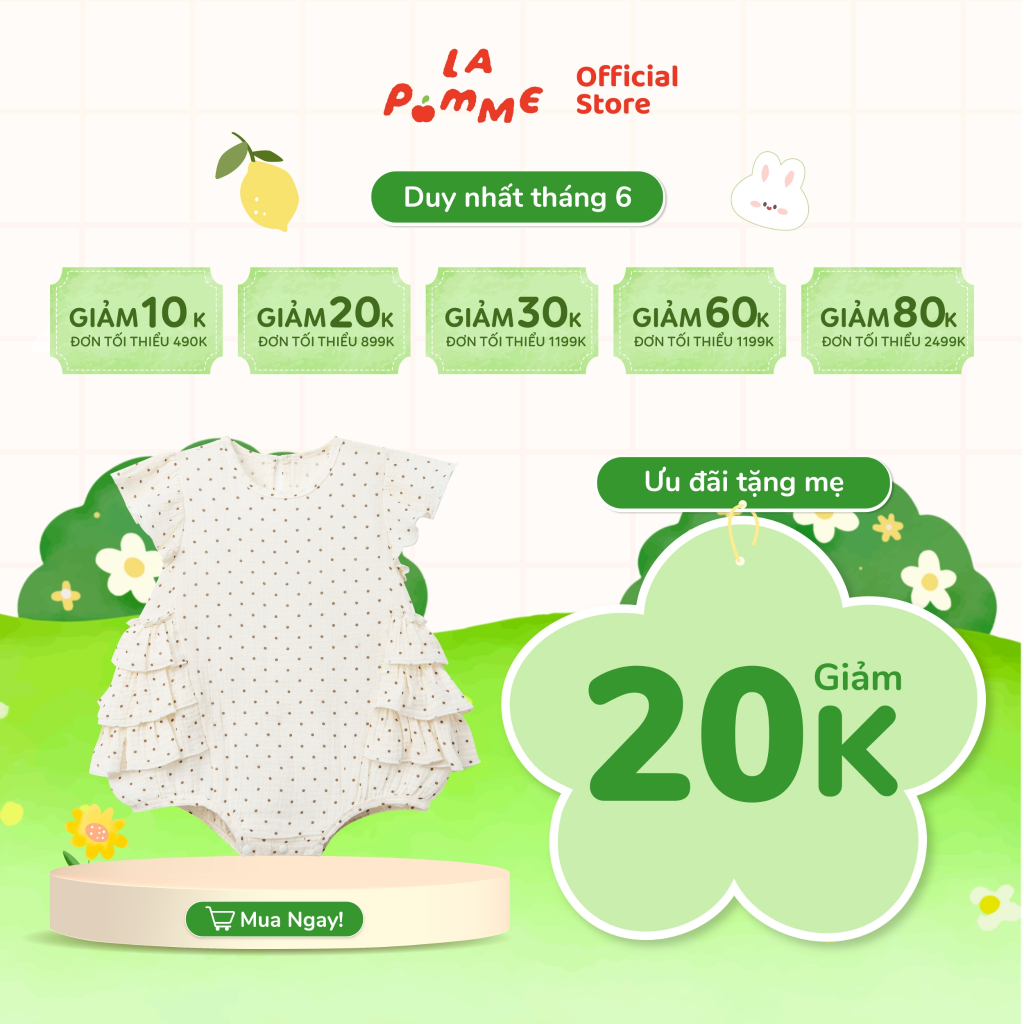 Body cộc tay La Pomme chấm bi điệu đà - Sợi Natural Cotton thoáng mát – Bé gái - 3M - 12M