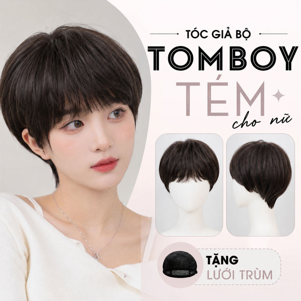 [TẶNG LƯỚI TRÙM] TÓC GIẢ HÀN QUỐC TOMBOY/ TÓC TÉM NGẮN NĂNG ĐỘNG TỰ NHIÊN CHẤT TƠ CAO CẤP LƯỚI HOA
