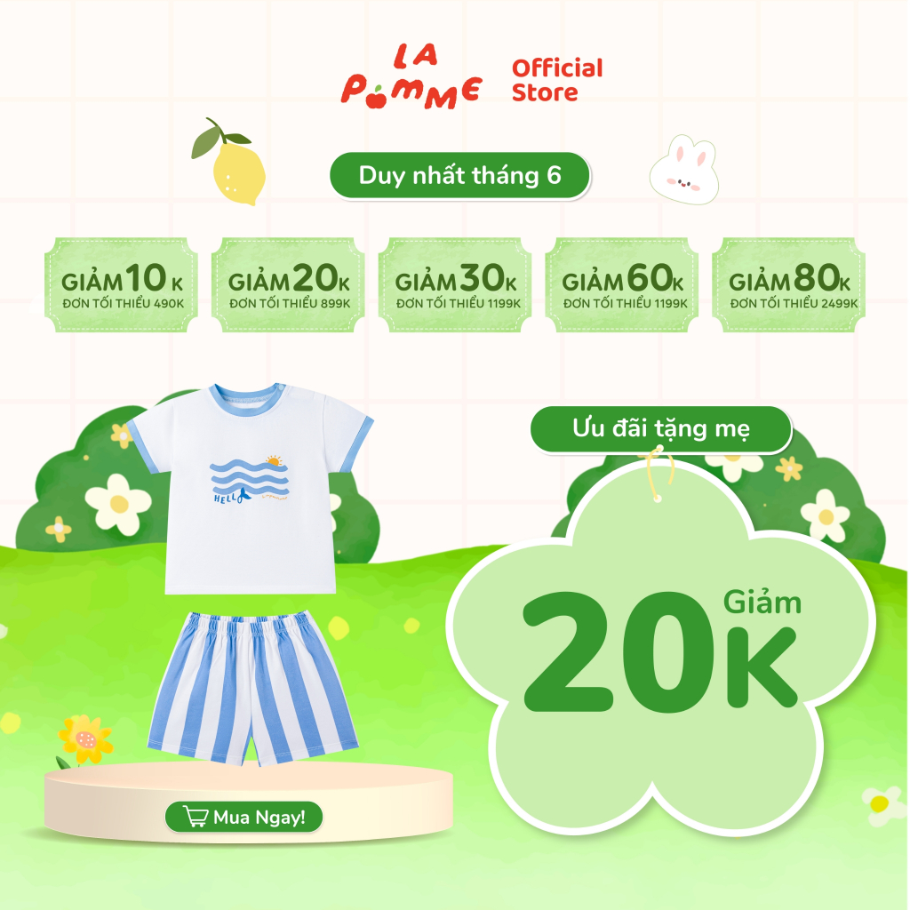Bộ cộc tay La Pomme chạy thật nhanh cùng sóng biển - Sợi Natural Cotton thoáng mát – Bé trai - 6M - 5Y