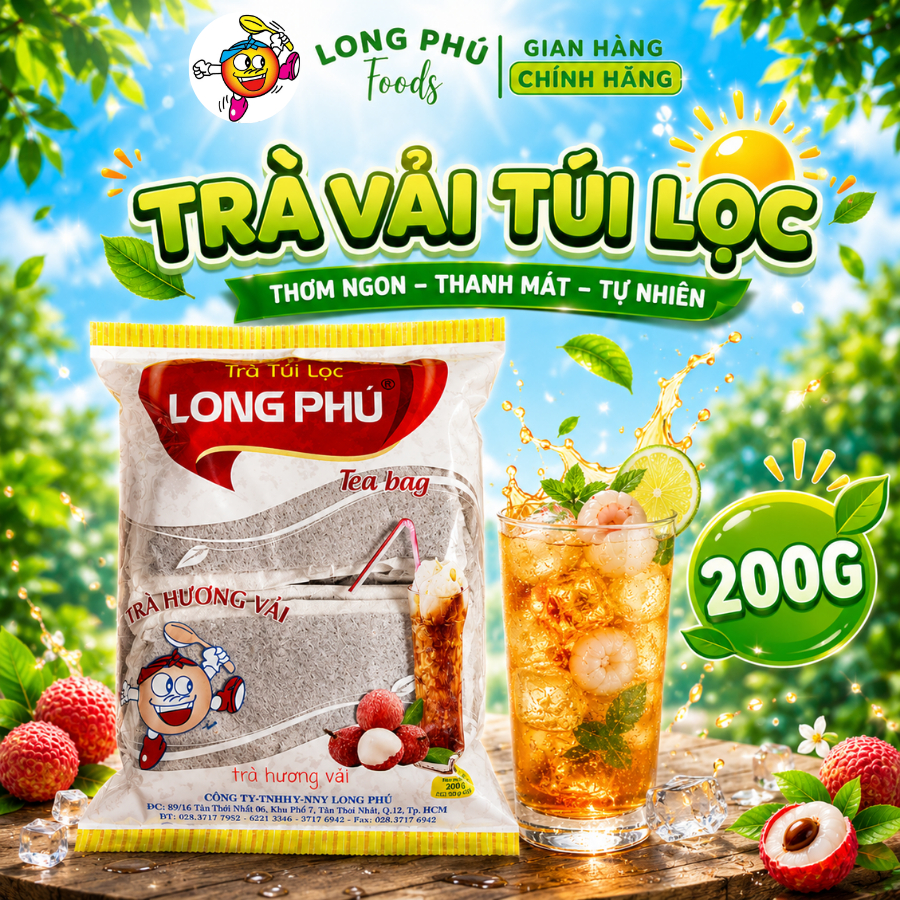Trà Vải Túi Lọc LONG PHÚ Gói 200gr (20gr * 10 túi) - Đậm Vị, Thơm Lâu, Nguyên Liệu Trà Sữa, Trà Trái Cây