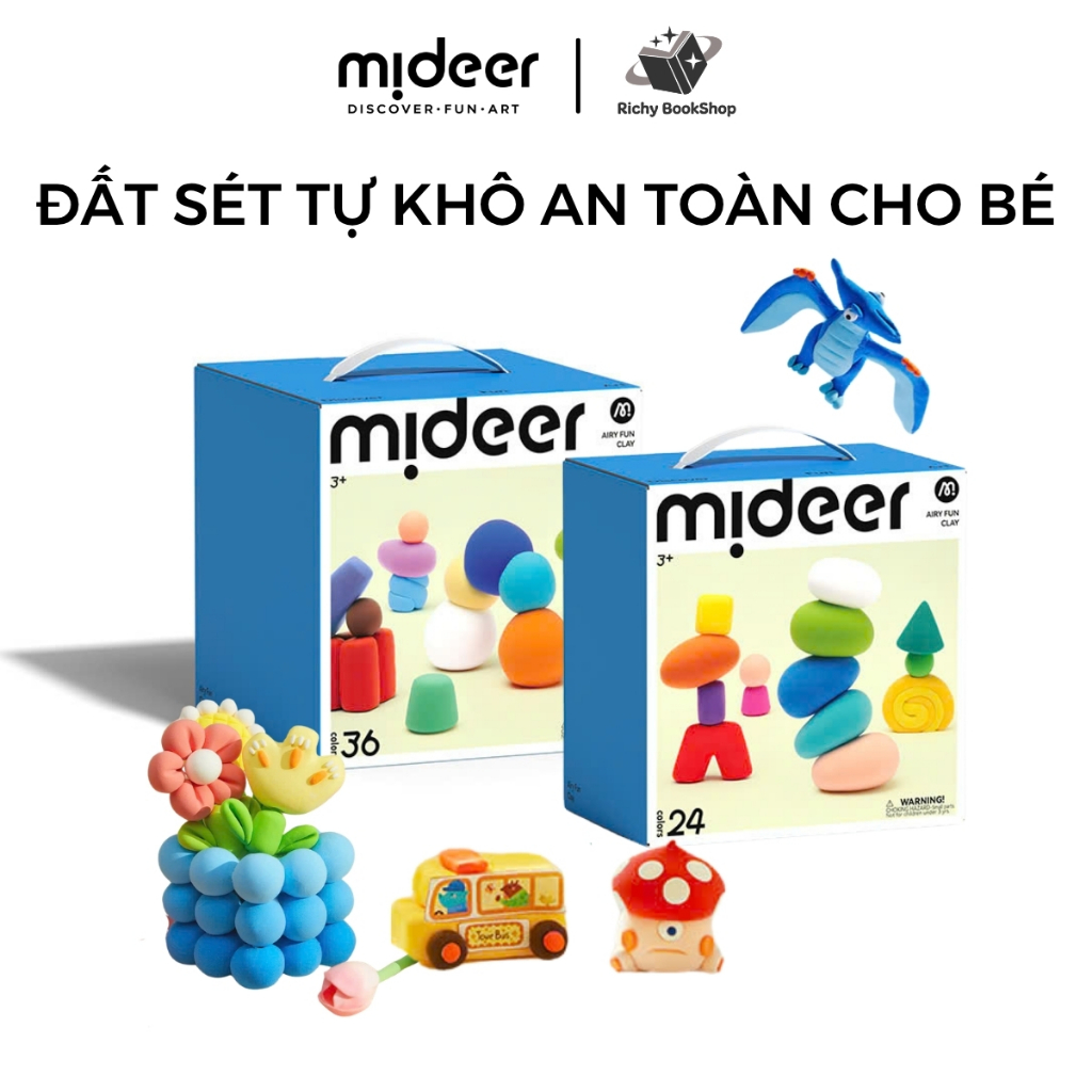 Đất sét tự khô 24- 36 màu Mideer đất nặn tạo hình mô hình AIRY FUN CLAY