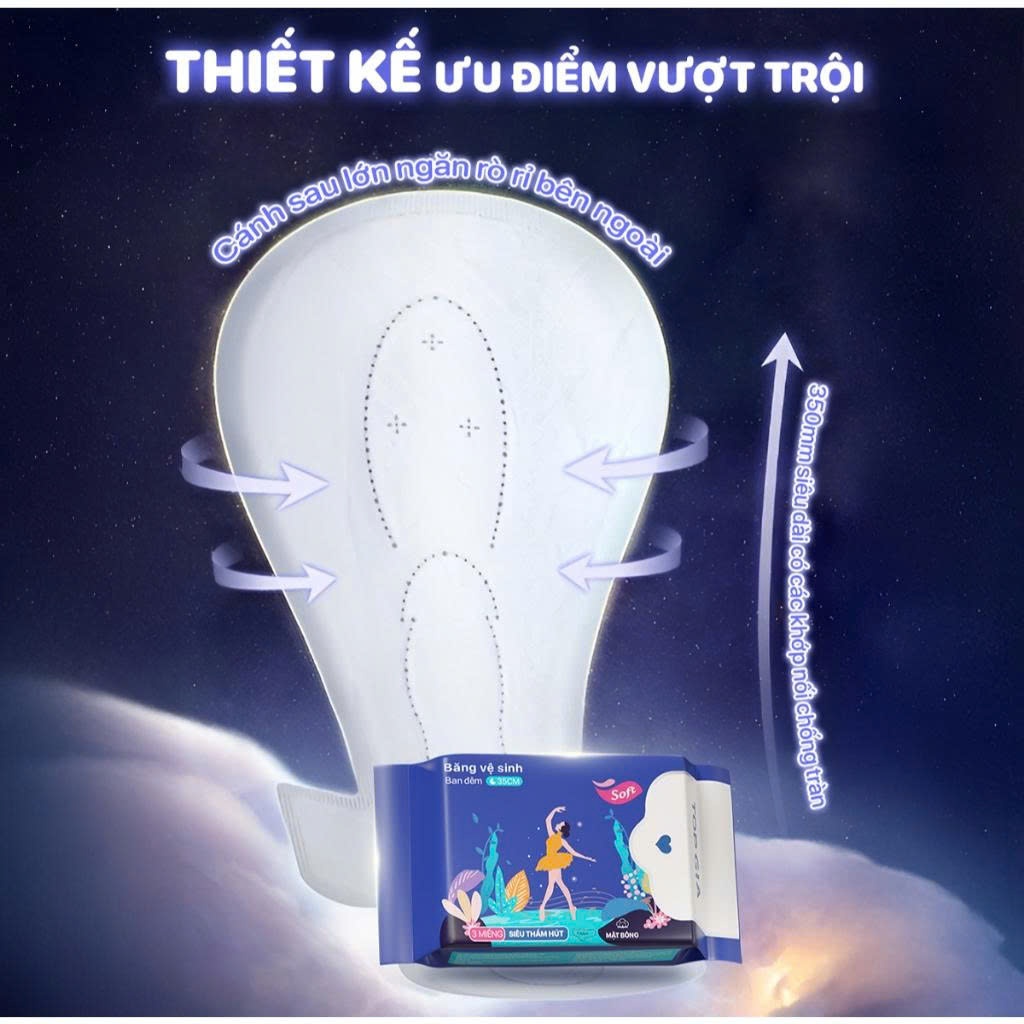 Băng vệ sinh ban đêm Topgia 35cm, 1 bịch 3 miếng siêu thấm hút, vải không dệt, êm ái giảm trào ngược