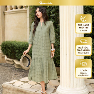 SWANLAKE | Váy Đầm Nữ Maxi Suông Đuôi Cá Cài Nút Cotton Thêu Đục Lỗ Tay Bí Lỡ Du Lịch Biển Hè D12761