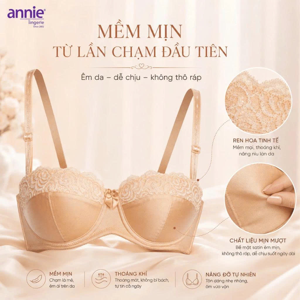 Áo ngực cúp ngang mút mỏng siêu nhẹ form nhỏ annie BRA8150 phối ren,có chỗ lắp thêm mút nâng ngực