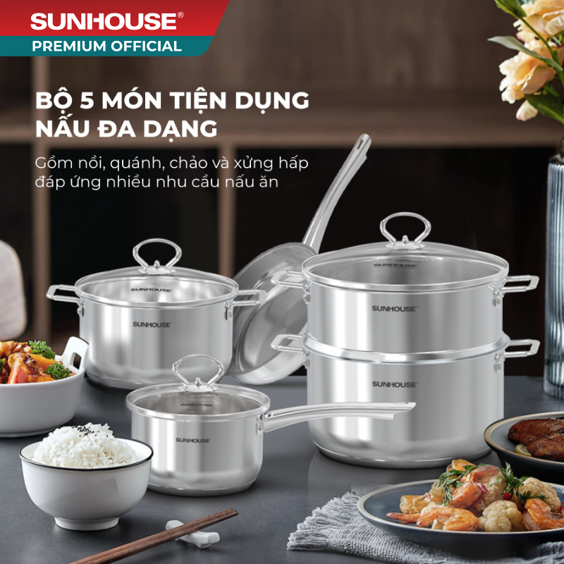 Bộ nồi chảo Inox Impact plus Sunhouse healthy SHG991 - Công nghệ dập Impact Bonding - Đáy Impact Plus 5 lớp cao cấp