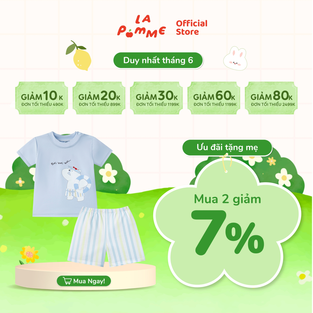 Bộ bơi rời cộc tay La Pomme gấu con đi biển - Chất liệu Recycled Polyester mềm nhẹ, nhanh khô – Bé trai - 6M - 5Y