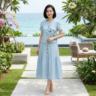 [CAO CẤP] Set Áo Tay Hến Cúc Dừa Thêu Hoa Vải Đũi Mềm Mịn, Váy Dài Dáng Suông Thanh Lịch, Nữ Tính - Anh Thư Shop (AT08)
