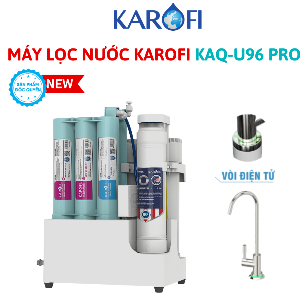Máy Lọc Nước RO Karofi KAQ-U96 PRO 10 Lõi Smax – Màng RO Mỹ 100GPD, HP 6.2 ION, Vòi LED Thông Minh