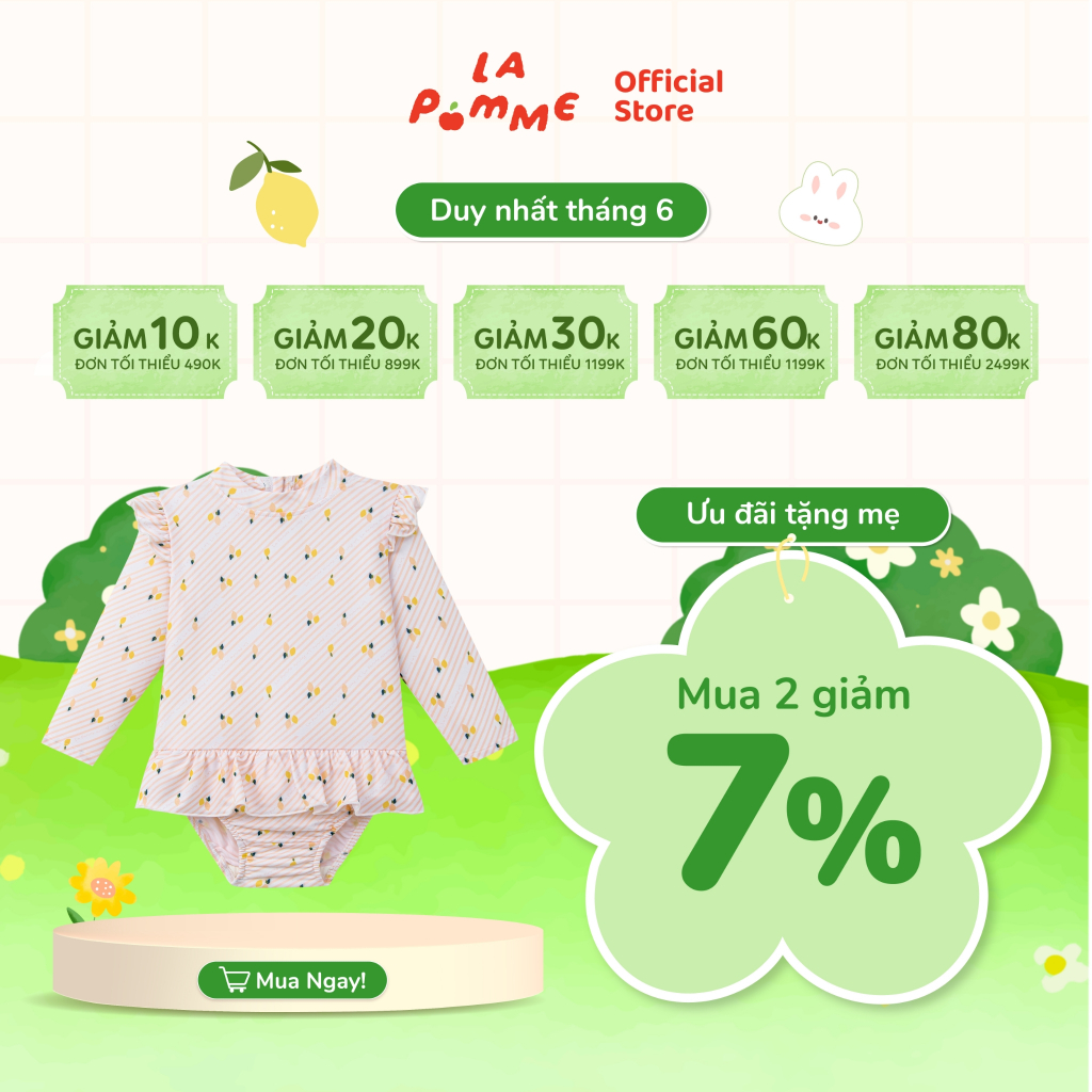 Bộ bơi liền thân La Pomme những cơn sóng mộng mơ - Chất liệu Recycled Polyester mềm nhẹ, nhanh khô – Bé gái - 6M - 5Y