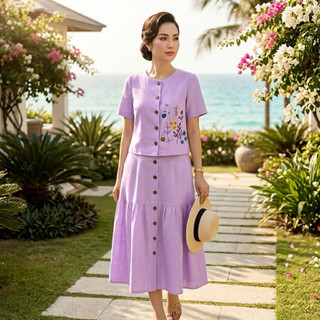 [CAO CẤP] Set Áo Tay Hến Cúc Dừa Thêu Hoa Vải Đũi Mềm Mịn, Váy Dài Dáng Suông Thanh Lịch, Nữ Tính - Anh Thư Shop (AT08)