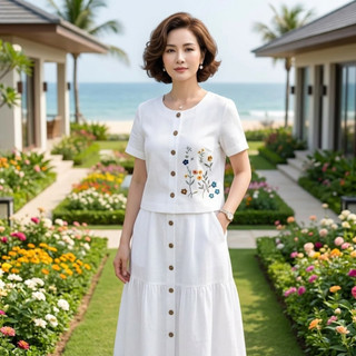 [CAO CẤP] Set Áo Tay Hến Cúc Dừa Thêu Hoa Vải Đũi Mềm Mịn, Váy Dài Dáng Suông Thanh Lịch, Nữ Tính - Anh Thư Shop (AT08)