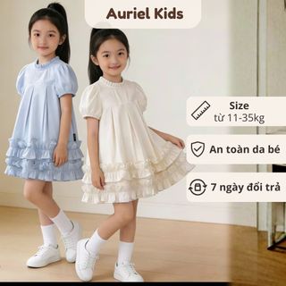 Váy Cho Bé Gái, Váy Tiểu Thư Cho Bé Gái Thiết Kế Cổ Bèo Tay Phồng Phối Bèo Chất Liệu Cotton Mềm Mại