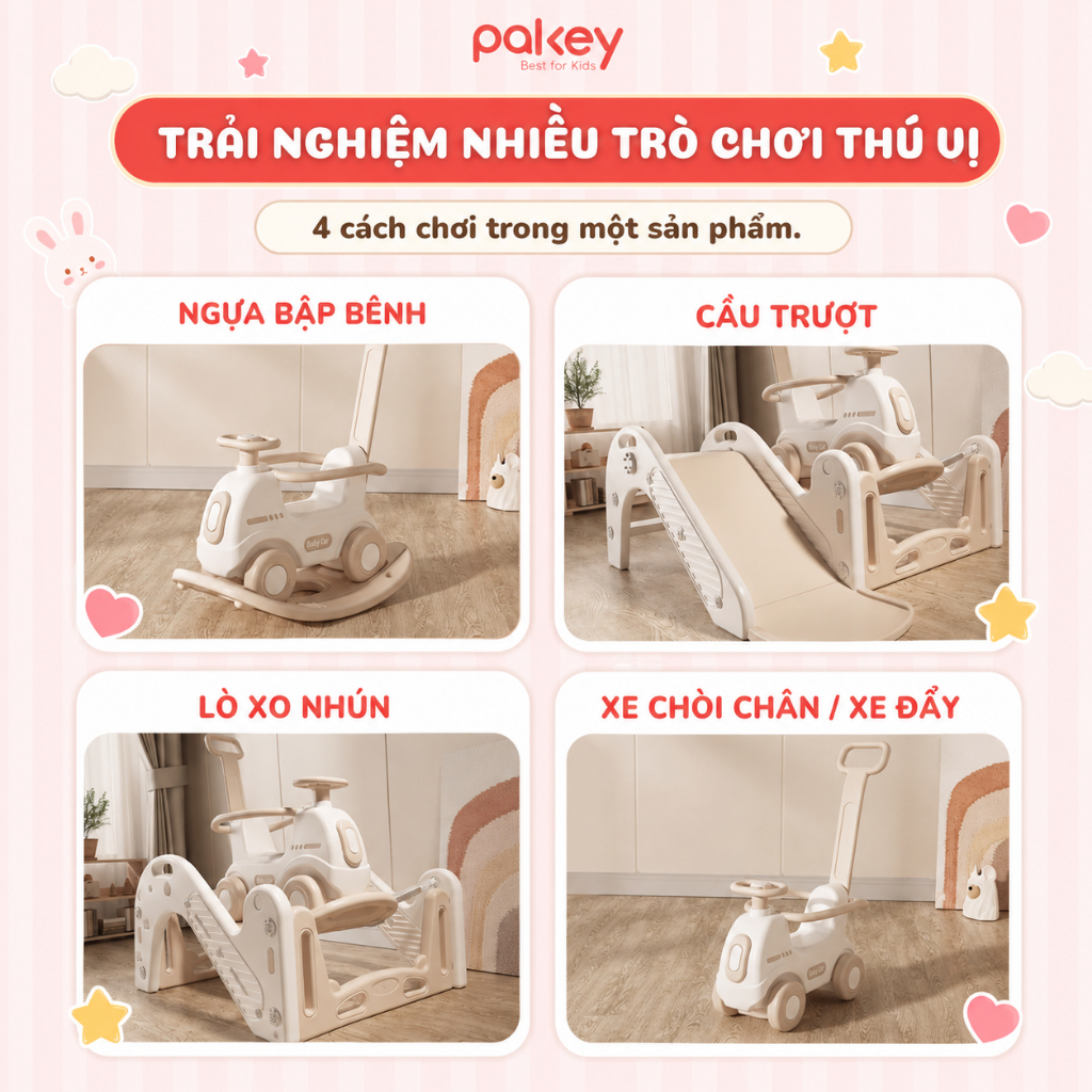 [HỎA TỐC] Bập Bênh Cho Bé Tích Hợp Nhiều Trò Chơi Thú Vị Xe Chòi Chân, Thú Nhún, Xe Đẩy, Lướt Ván Cho Bé