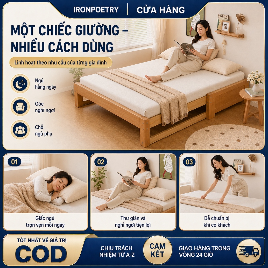 Giường gỗ kéo giãn thu gọn giường thông minh tiết kiệm diện tích cho nhà nhỏ