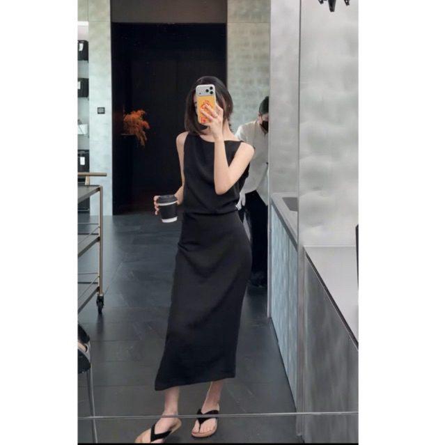 Váy Maxi Đen Dáng Suông Hở Lưng Quyến Rũ - Đầm Nữ Không Tay Cổ Thuyền Thanh Lịch Dự Tiệc, Đi Chơi, Công Sở