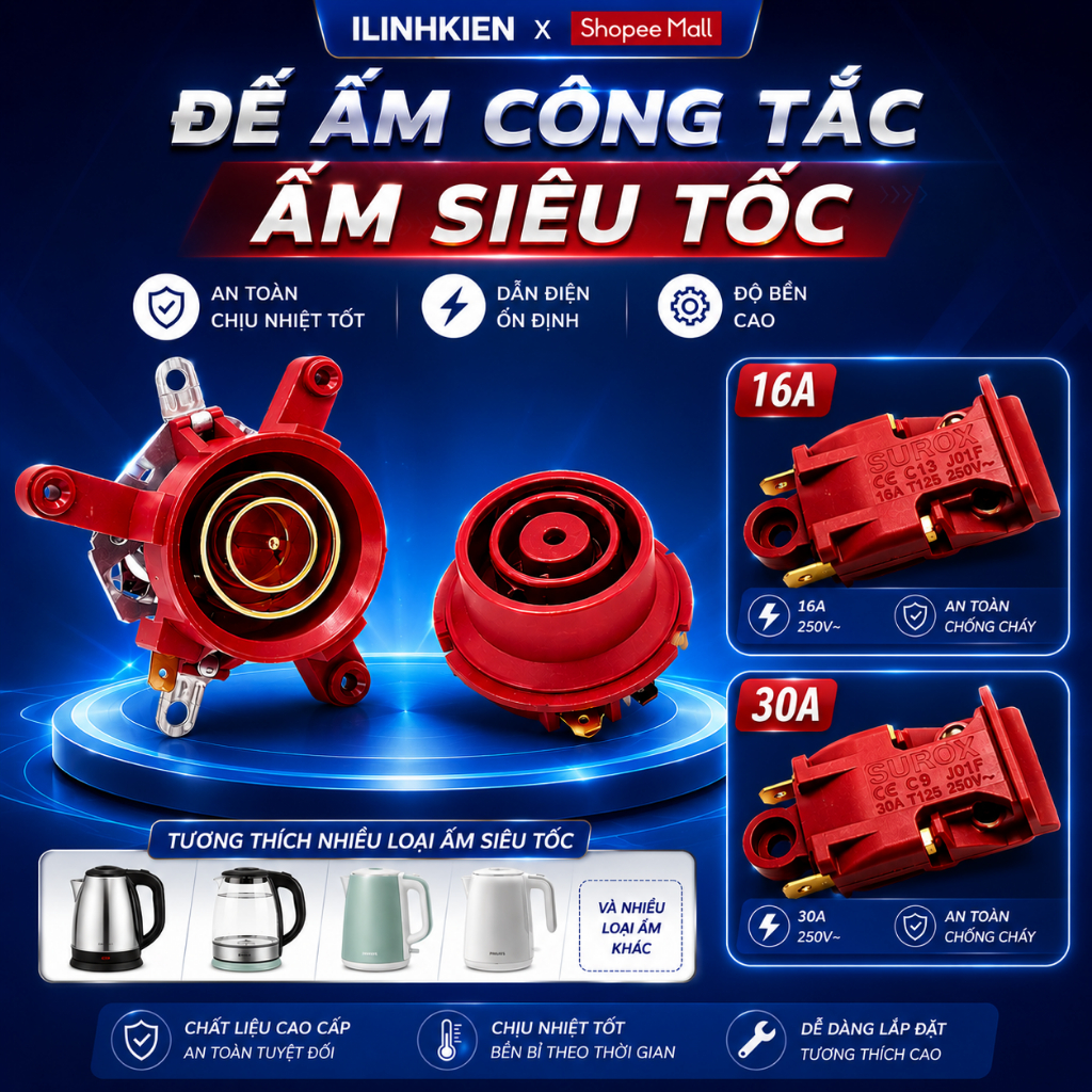 Đế ấm siêu tốc công tắc màu đỏ chịu nhiệt độ cao chính hãng ILinhkien