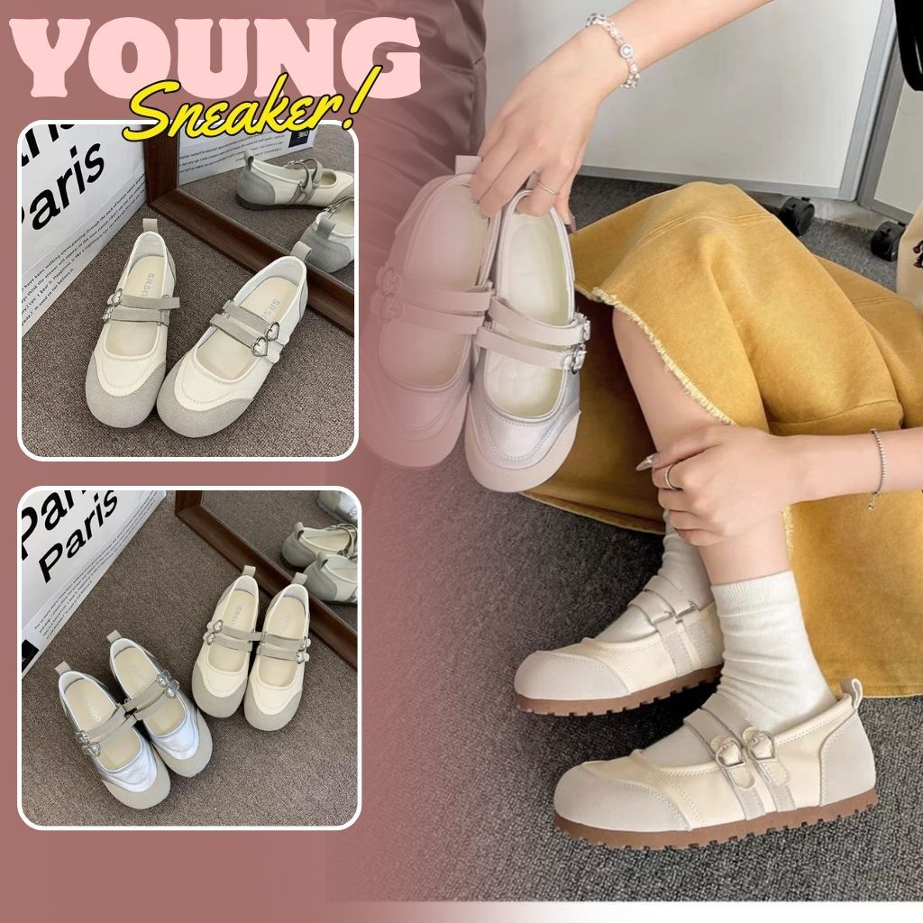 Giày Mary Jane Nữ, Giày Búp Bê Mary Jane Da Lộn Hai Khóa Tròn Hàn Quốc N49 || Young Sneaker