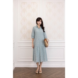 SWANLAKE | Váy Đầm Nữ Maxi Sơ Mi Suông Đuôi Cá Xòe Cotton Thêu Hoa Đục Lỗ Cài Nút Tay Nẹp Lỡ D12901