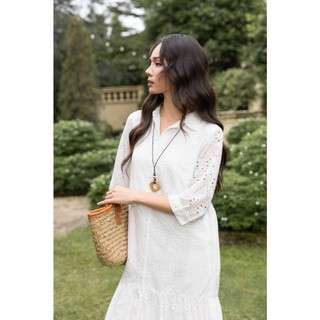 SWANLAKE | Váy Đầm Nữ Maxi Sơ Mi Suông Đuôi Cá Xòe Cotton Thêu Hoa Đục Lỗ Cài Nút Tay Nẹp Lỡ D12901