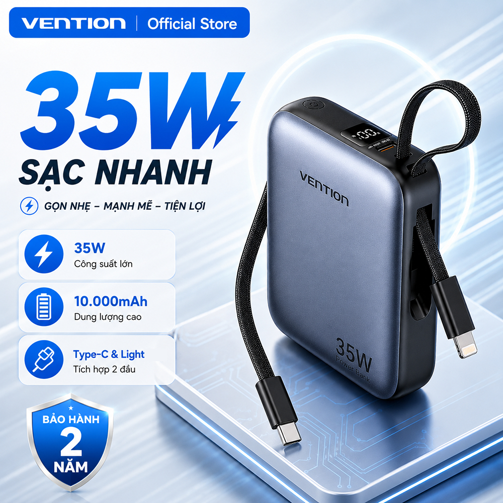 Pin Sạc Dự Phòng 10000mAh Vention 35W Hỗ Trợ PD Có Sẵn Dây USB-C & Light Thiết Kế Nhỏ Gọn Cho Phone Samsung Xiaomi