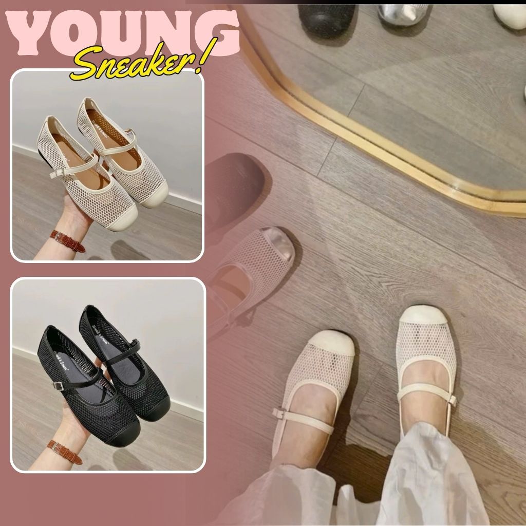 Giày Mary Jane, Giày Búp Bê Mary Jane Họa Tiết Lưới Hai Màu Kem Đen N62 || Young Sneaker