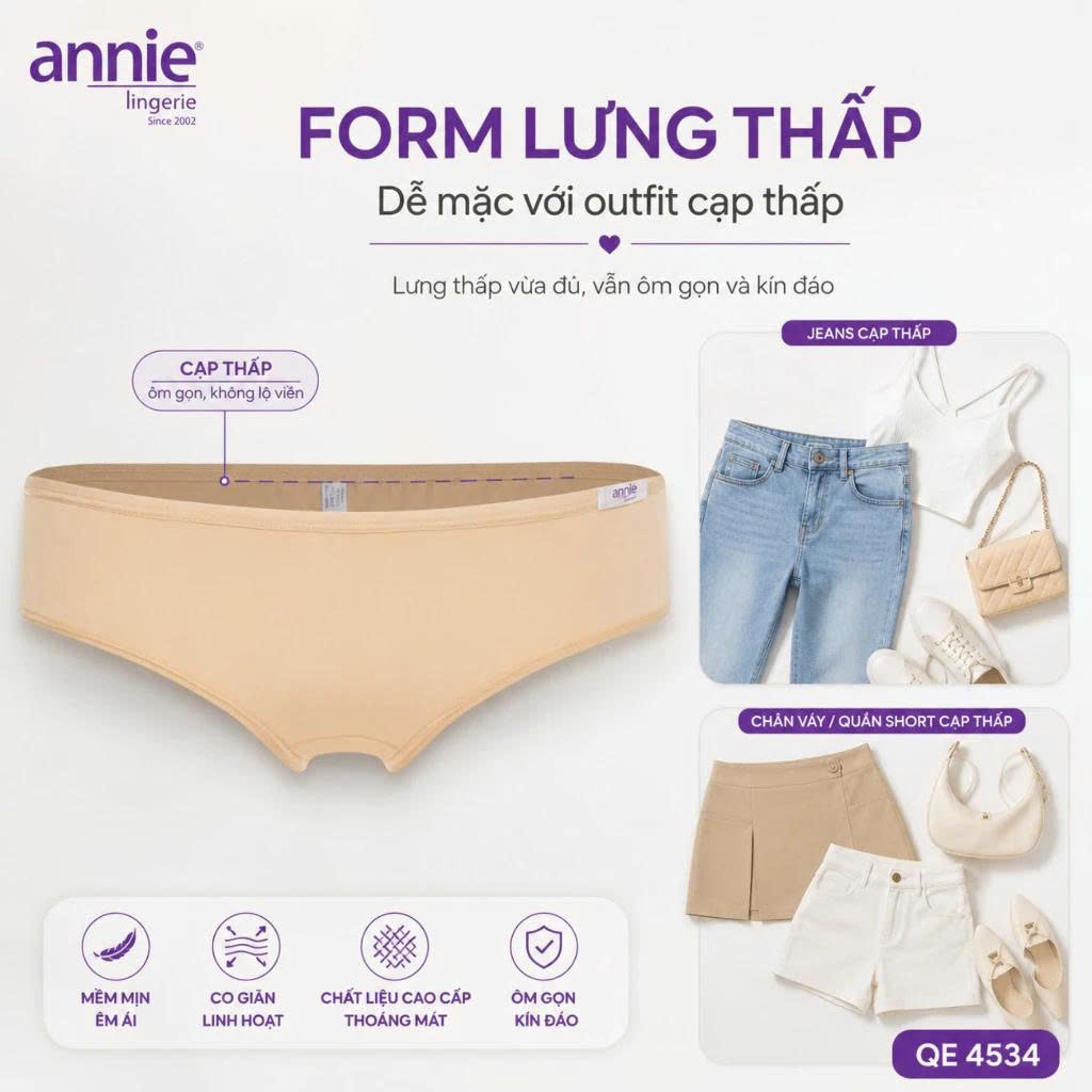 Quần lót nữ trơn thun lạnh, lưng thấp cao cấp annie 4534 ôm sát cơ thể, trẻ trung, mềm mịn