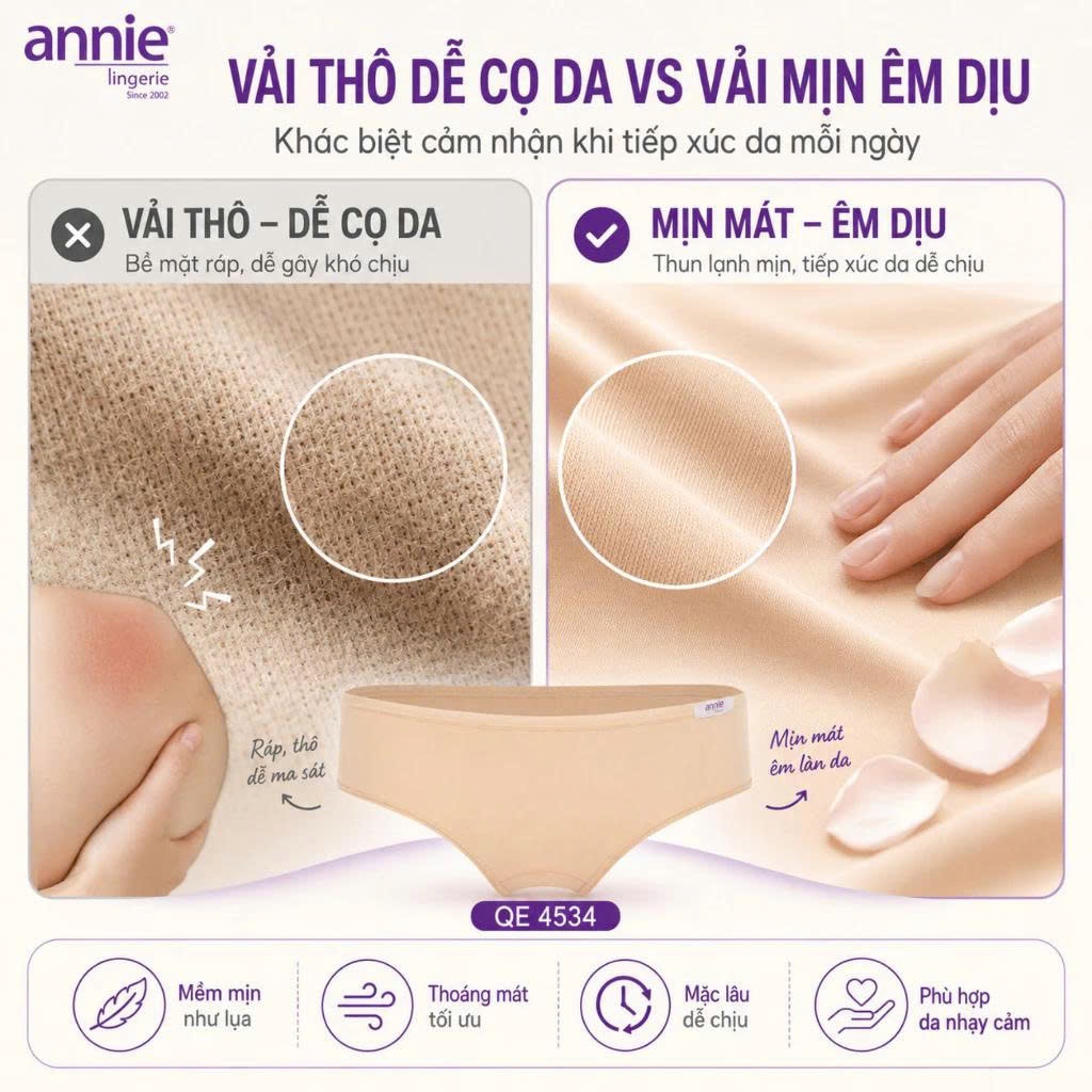 Quần lót nữ trơn thun lạnh, lưng thấp cao cấp annie 4534 ôm sát cơ thể, trẻ trung, mềm mịn