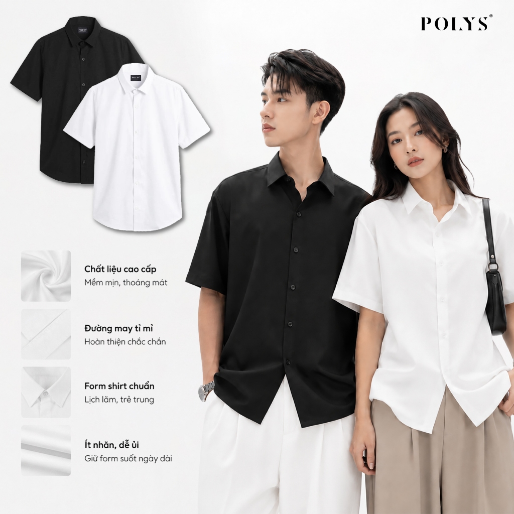 Áo sơ mi nam tay ngắn Trắng Đen POLYS, Vải Chéo Thái mềm mịn Sơ mi Trắng Đen Tay Ngắn BASIC