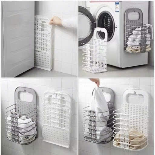 Giỏ đựng đồ treo tường gấp gọn thông minh, tiện dụng, siêu bền. Kích thước 47x28x17cm, tặng kèm móc treo tường Inox