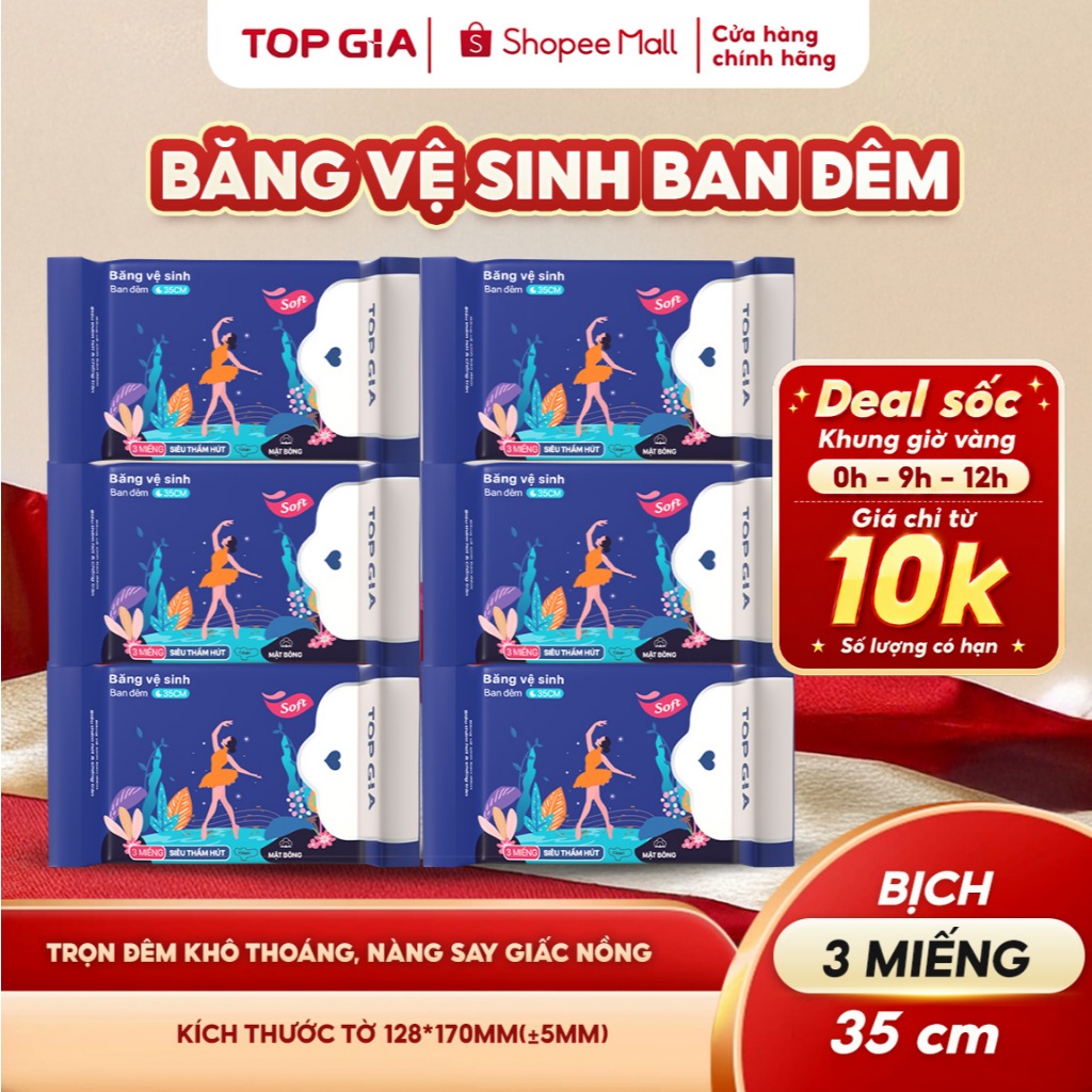 Băng vệ sinh ban đêm Topgia 35cm, 1 bịch 3 miếng siêu thấm hút, vải không dệt, êm ái giảm trào ngược