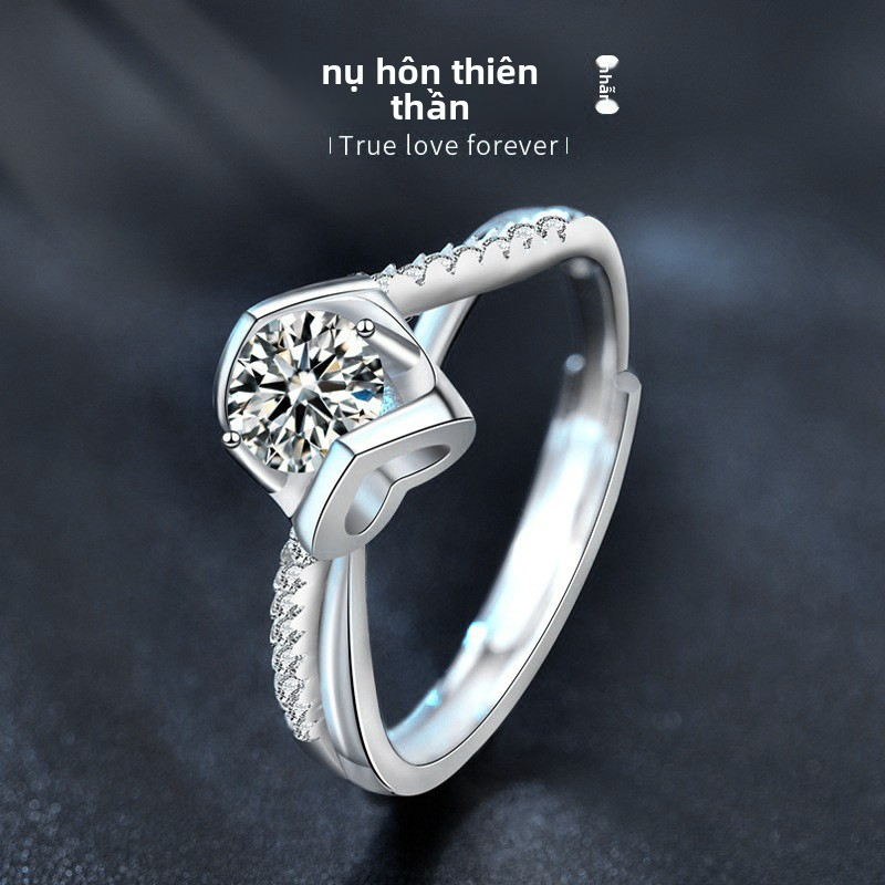 Bộ nhẫn cưới cặp Nụ Hôn Thiên Thần nữ đính đá Moissanite, thân tay vặn hình trái tim vòng mở điều chỉnh size