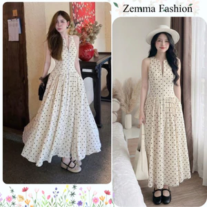 Váy chấm bi dáng dài cổ yếm đầm maxi sát nách xòe rộng diện đi chơi đi tiệc phong cách nàng thơ HCOM27458