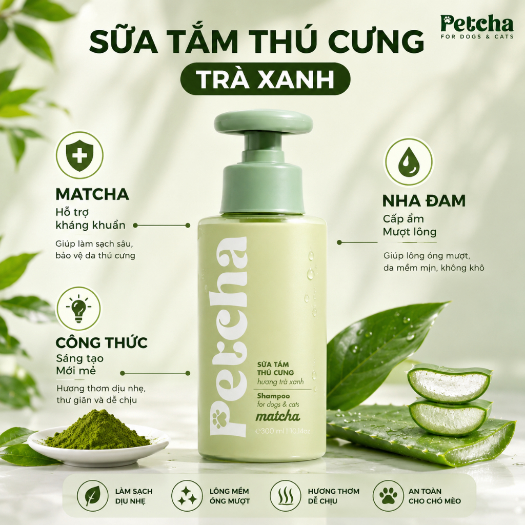 Sữa Tắm Chó Mèo Petcha 300ml - Dưỡng Lông Khử Mùi Hôi Cho Thú Cưng, Thành Phần Lành Tính Thơm Lâu