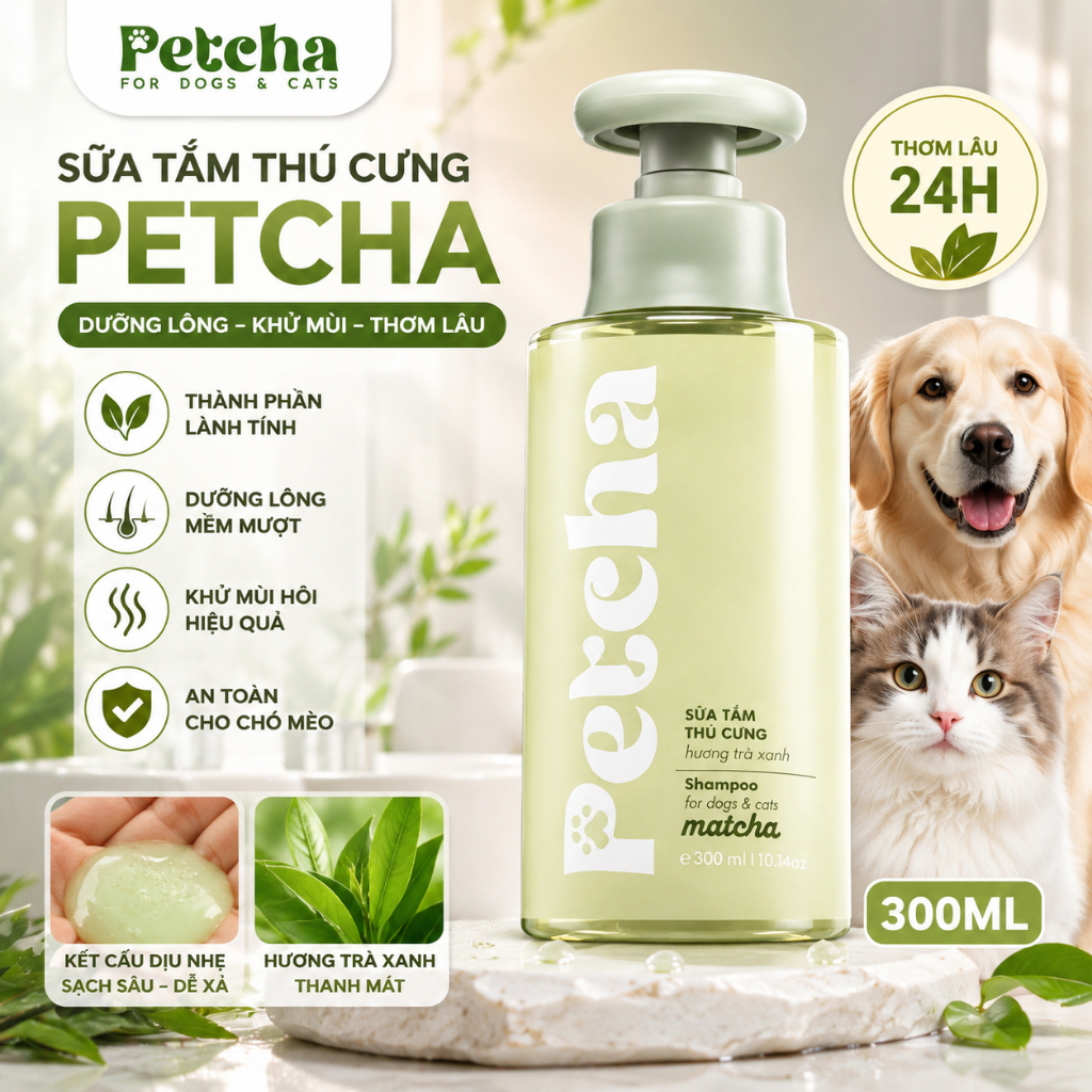 Sữa Tắm Chó Mèo Petcha 300ml - Dưỡng Lông Khử Mùi Hôi Cho Thú Cưng, Thành Phần Lành Tính Thơm Lâu