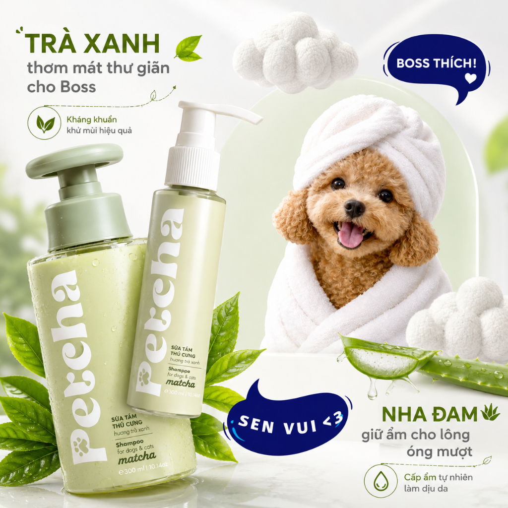 Sữa Tắm Chó Mèo Petcha 300ml - Dưỡng Lông Khử Mùi Hôi Cho Thú Cưng, Thành Phần Lành Tính Thơm Lâu
