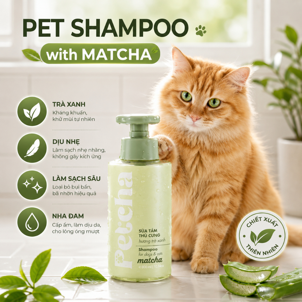 Sữa Tắm Chó Mèo Petcha 300ml - Dưỡng Lông Khử Mùi Hôi Cho Thú Cưng, Thành Phần Lành Tính Thơm Lâu