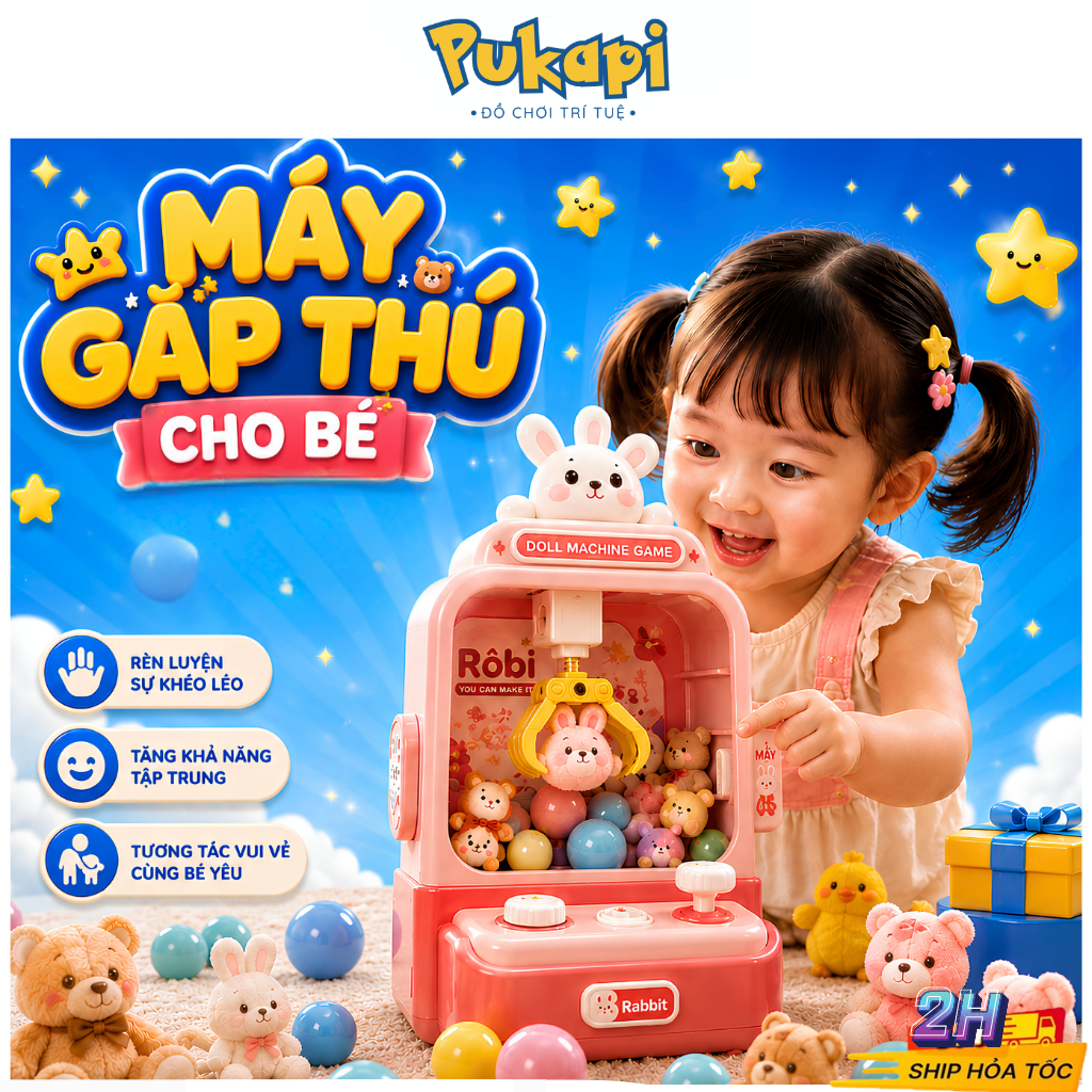 Đồ Chơi Máy Gắp Thú Bông Máy Gắp Gấu Mini Có Nhạc Có Đèn Tặng Kèm Nhiều Gấu Bông Cho Bé Siêu Sịn - Đồ Chơi Cho Bé PUKAPI