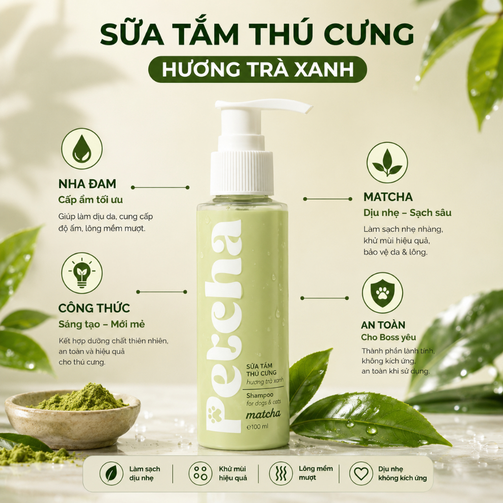 Sữa Tắm Chó Mèo Petcha 100ml - Khử Mùi Dưỡng Lông Mềm Mượt Cho Thú Cưng, Thơm Lâu Không Kích Ứng