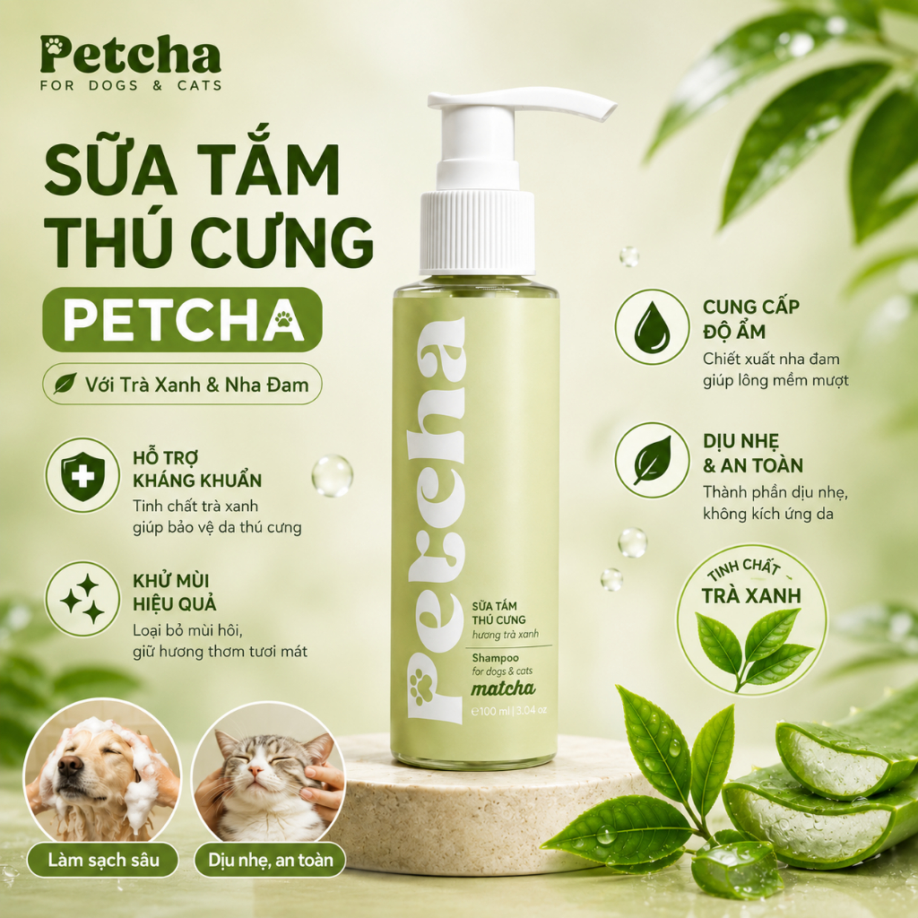 Sữa Tắm Chó Mèo Petcha 100ml - Khử Mùi Dưỡng Lông Mềm Mượt Cho Thú Cưng, Thơm Lâu Không Kích Ứng