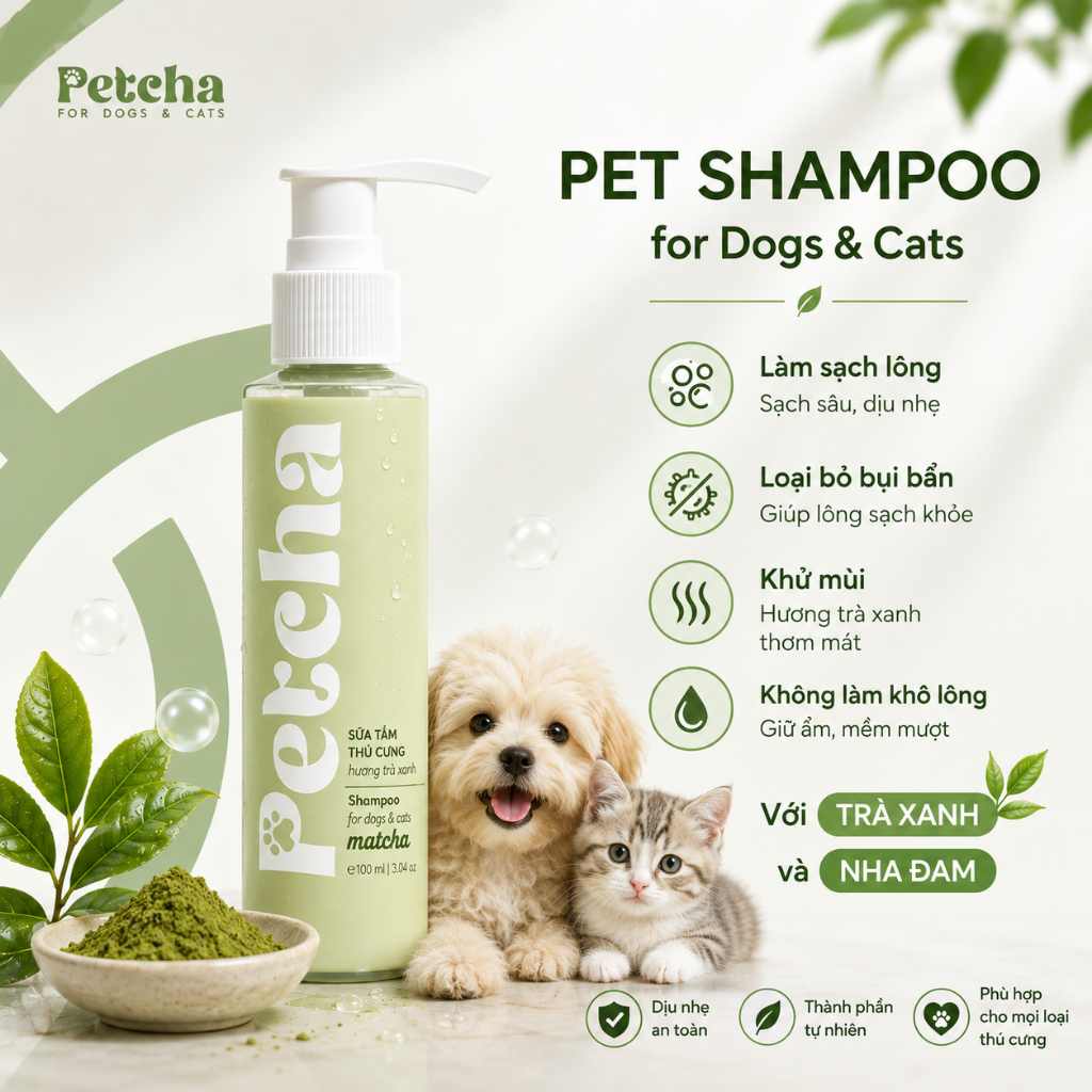 Sữa Tắm Chó Mèo Petcha 100ml - Khử Mùi Dưỡng Lông Mềm Mượt Cho Thú Cưng, Thơm Lâu Không Kích Ứng