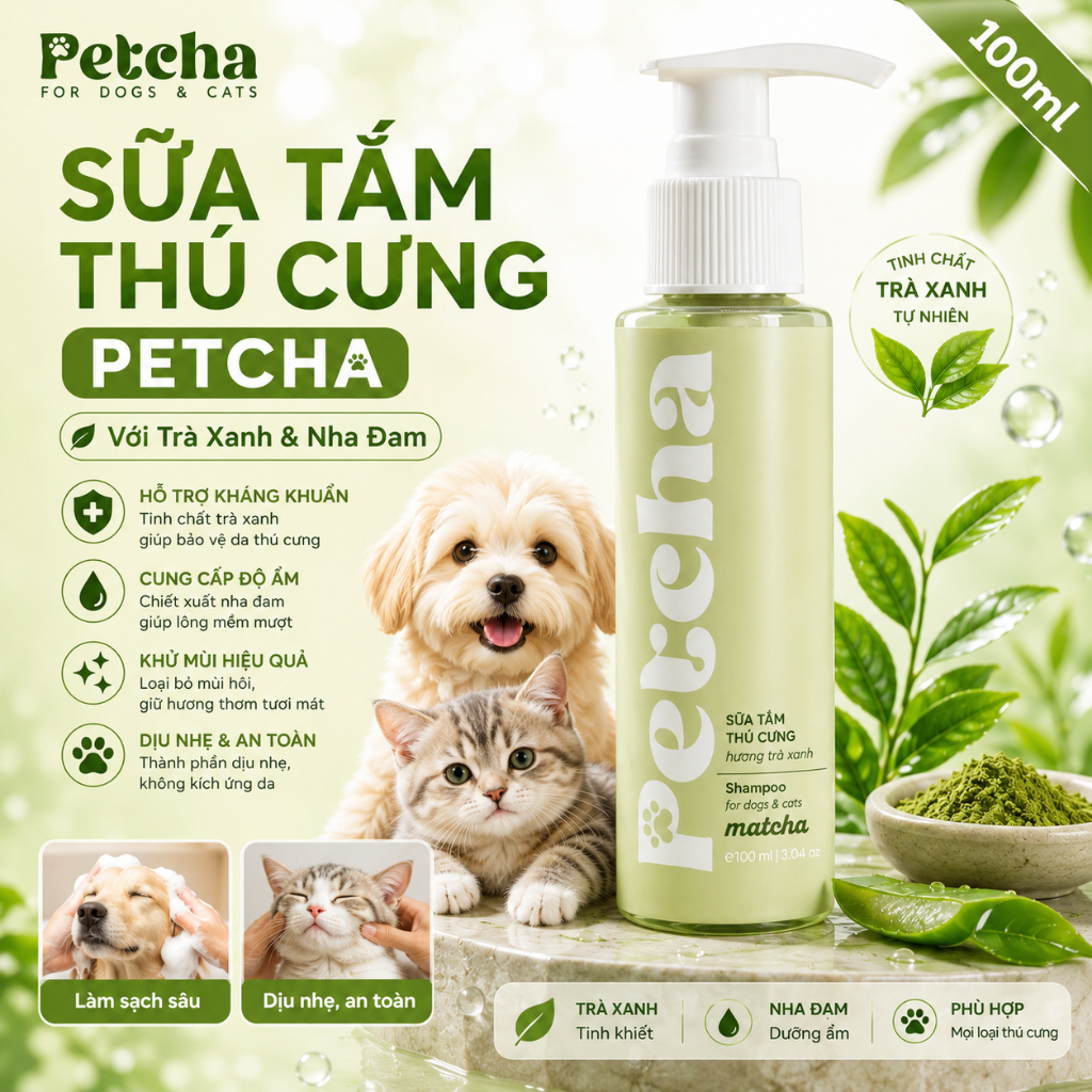 Sữa Tắm Chó Mèo Petcha 100ml - Khử Mùi Dưỡng Lông Mềm Mượt Cho Thú Cưng, Thơm Lâu Không Kích Ứng