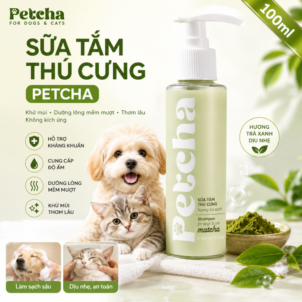 Sữa Tắm Chó Mèo Petcha 100ml - Khử Mùi Dưỡng Lông Mềm Mượt Cho Thú Cưng, Thơm Lâu Không Kích Ứng