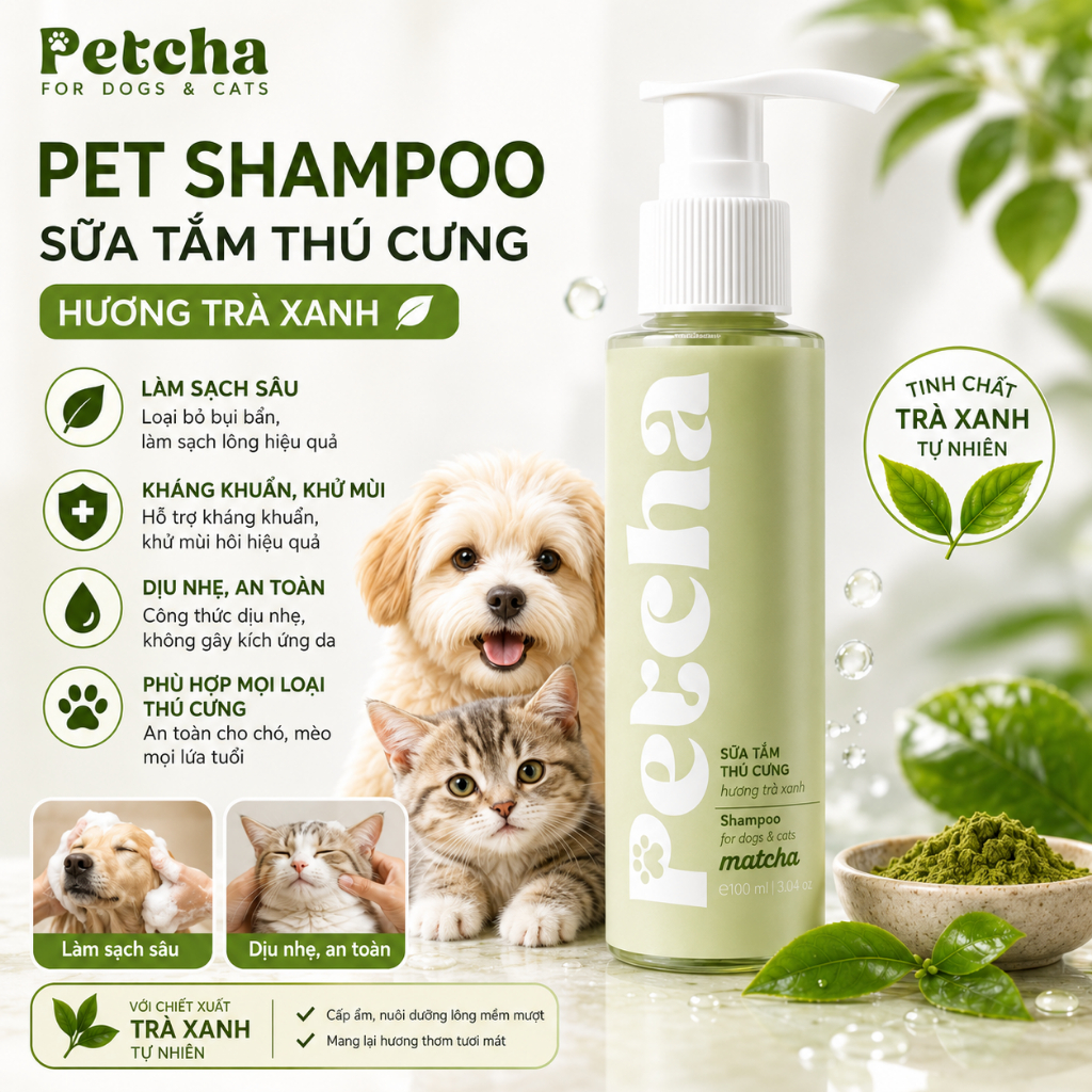 Sữa Tắm Chó Mèo Petcha 100ml - Khử Mùi Dưỡng Lông Mềm Mượt Cho Thú Cưng, Thơm Lâu Không Kích Ứng