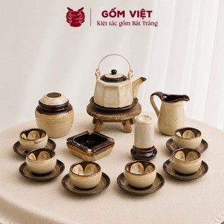 Bộ ấm chén men hỏa biến dáng vuông cạnh quai đồng, dung tích 400ml - Gốm sứ Bát Tràng - Gốm Việt