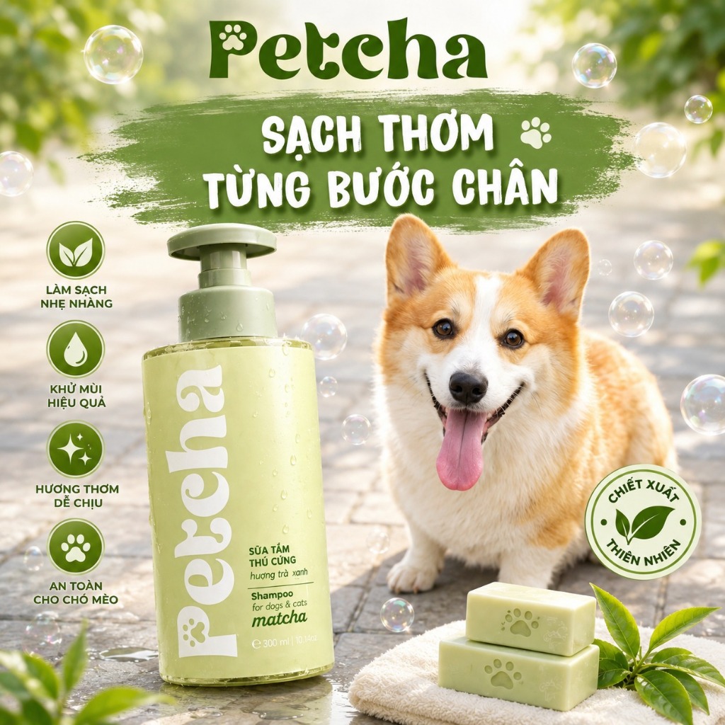 Sữa Tắm Chó Mèo Petcha 300ml - Dưỡng Lông Khử Mùi Hôi Cho Thú Cưng, Thành Phần Lành Tính Thơm Lâu