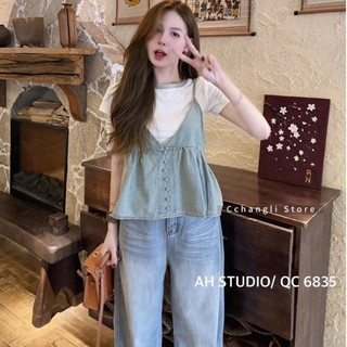 QCL1 6835 Áo thun cộc cổ tròn phối viền mix yếm jeans siêu hot siêu xinh(Freesize)