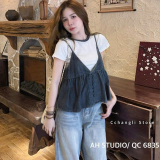 QCL1 6835 Áo thun cộc cổ tròn phối viền mix yếm jeans siêu hot siêu xinh(Freesize)