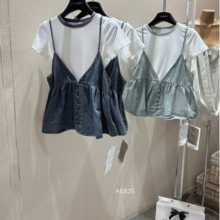QCL1 6835 Áo thun cộc cổ tròn phối viền mix yếm jeans siêu hot siêu xinh(Freesize)