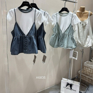 QCL1 6835 Áo thun cộc cổ tròn phối viền mix yếm jeans siêu hot siêu xinh(Freesize)